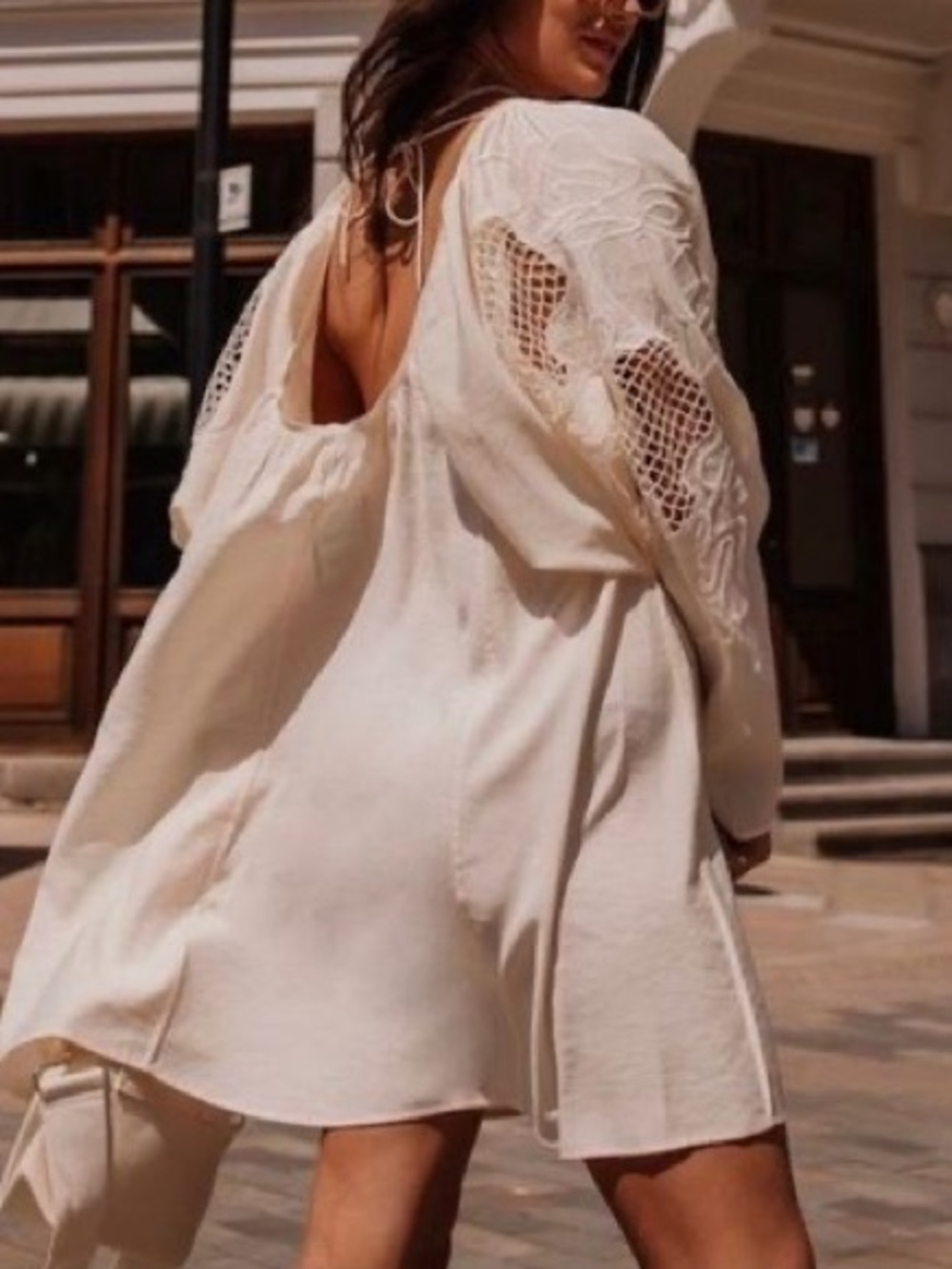 H&M Voluminous embroidery balloon sleeve mini dress cover up | open back